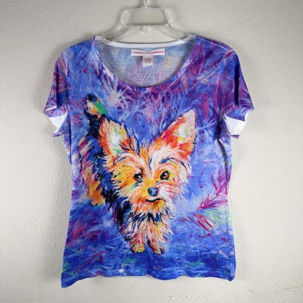 Leoma Lovegrove Yorkie T-Shirt Women's Size M Colorful Art Graphic Dog Tee